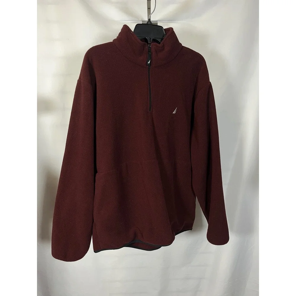 Nautica Mens Quarter Zip‎ Fleece Pullover Burgundy Maroon Large Logo Sweater